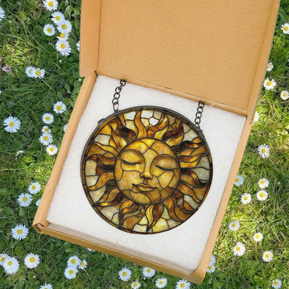 Golden Sun Face Stained Glass Suncatcher,  Boho Window Hanging for Spiritual Home, Sun Decor, Gift for Nature Lovers, Astrology Lovers Gift