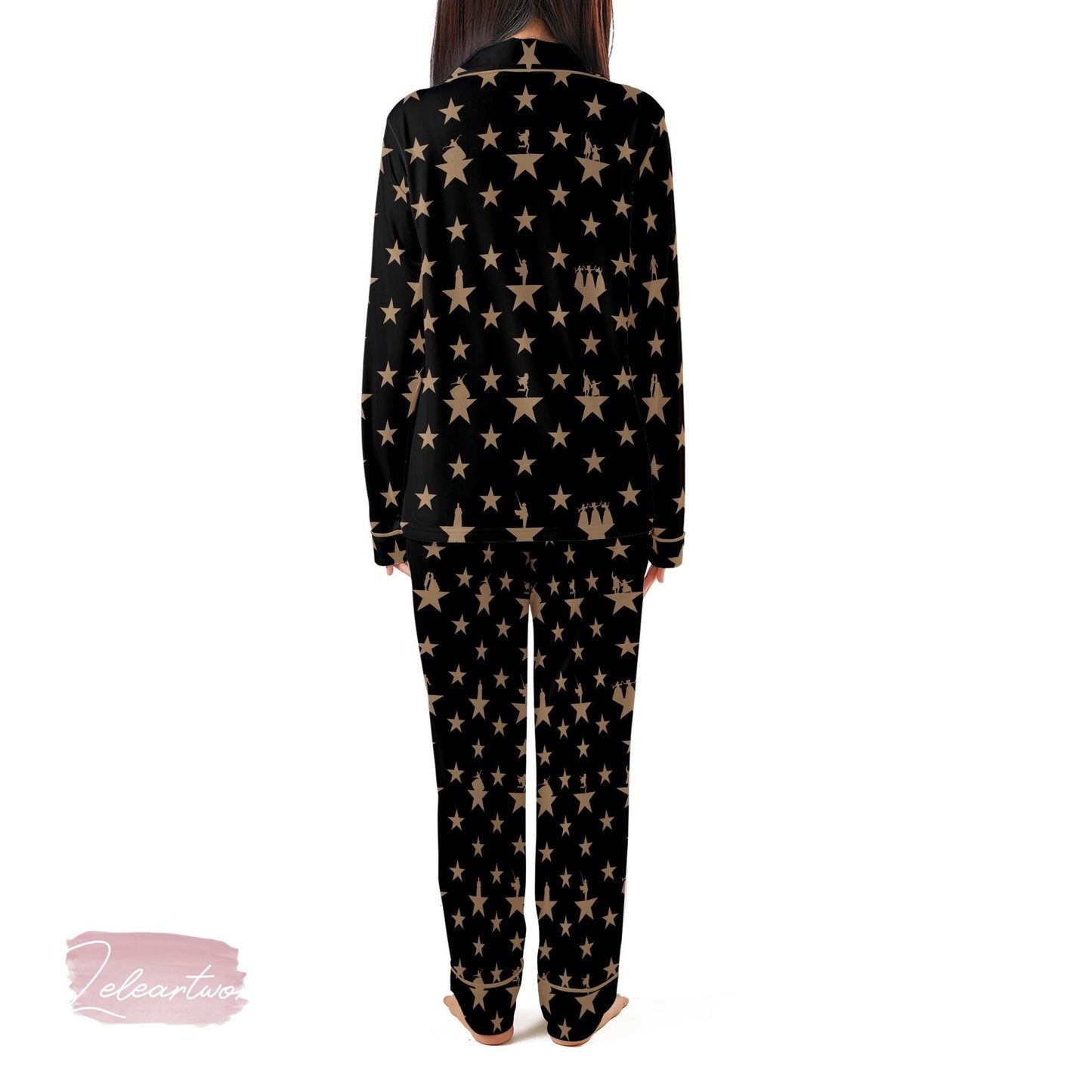 Hamilton Star Silky Satin Pajama Set For Women | Broadway Musical Sleepwear | Gold Star Pattern PJs | Gift for Theater Fans