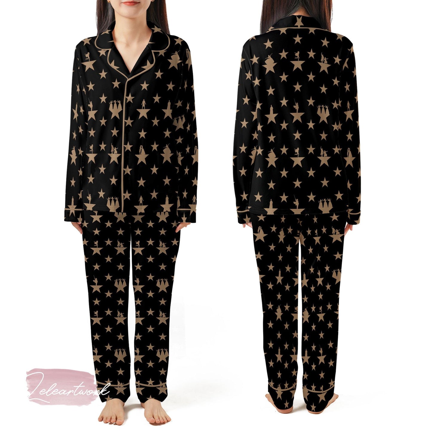 Hamilton Star Silky Satin Pajama Set For Women | Broadway Musical Sleepwear | Gold Star Pattern PJs | Gift for Theater Fans