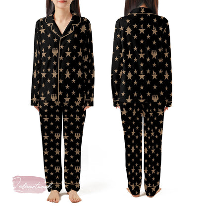 Hamilton Star Silky Satin Pajama Set For Women | Broadway Musical Sleepwear | Gold Star Pattern PJs | Gift for Theater Fans