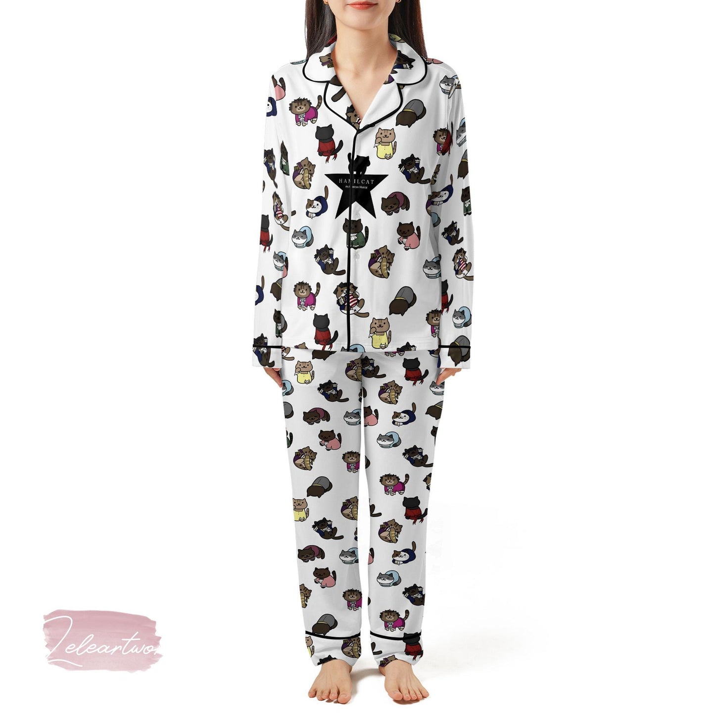 Hamiltoncat Silky Satin Pajama Set For Women | Musical Theater Cat Sleepwear | Cute Broadway-Inspired PJs | Gift for Cat & Theater Fans