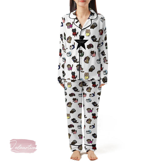 Hamiltoncat Silky Satin Pajama Set For Women | Musical Theater Cat Sleepwear | Cute Broadway-Inspired PJs | Gift for Cat & Theater Fans