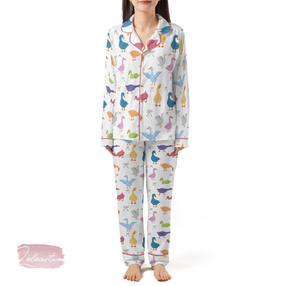 Silly Goose LGBT Silky Satin Pajama Set For Women | Colorful Rainbow Goose Sleepwear | Funny Pride PJs | Queer Joy Gift