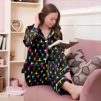 Dance Lover Set – Colorful Dancer Print Pajama Shorts & Button-Up Top