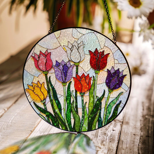 Colorful tulip flower garden round suncatcher stained glass decor gift for mom or nana