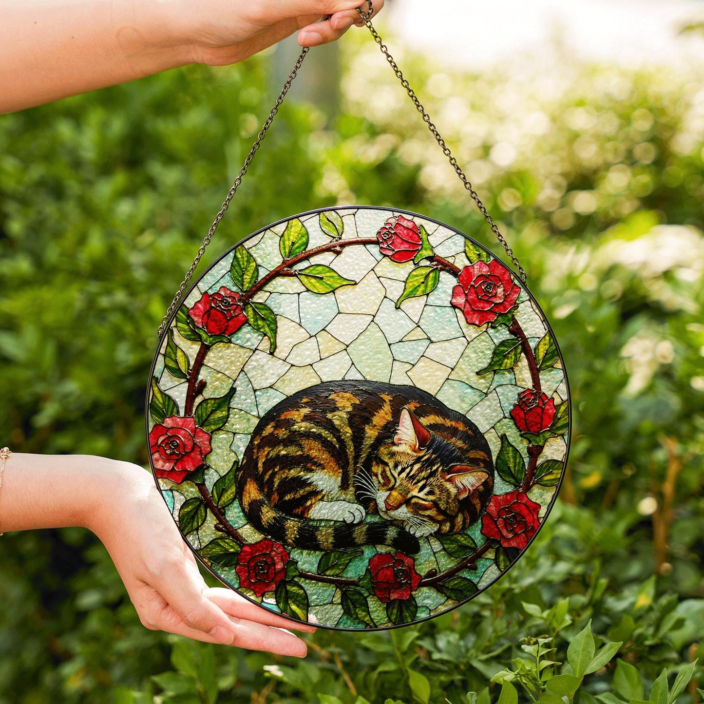Sleeping tabby cat with roses round stained glass suncatcher gift for cat lover