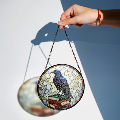 Raven on Books Round Suncatcher Gothic Window Art Gift for Book Lovers