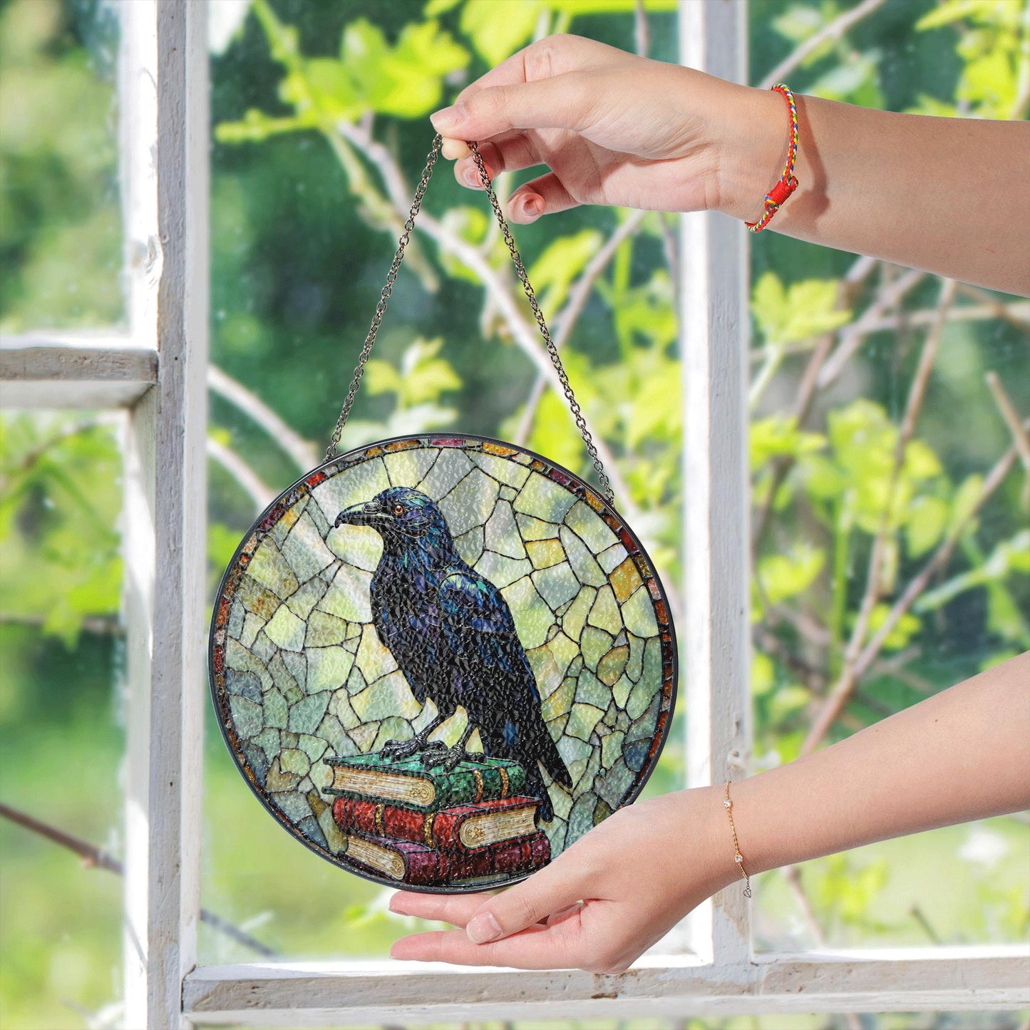 Raven on Books Round Suncatcher Gothic Window Art Gift for Book Lovers