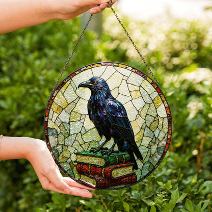 Raven on Books Round Suncatcher Gothic Window Art Gift for Book Lovers
