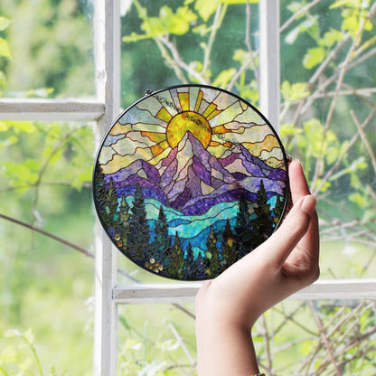 vibrant mountain sunrise suncatcher stained glass window hanging gift for nature lovers