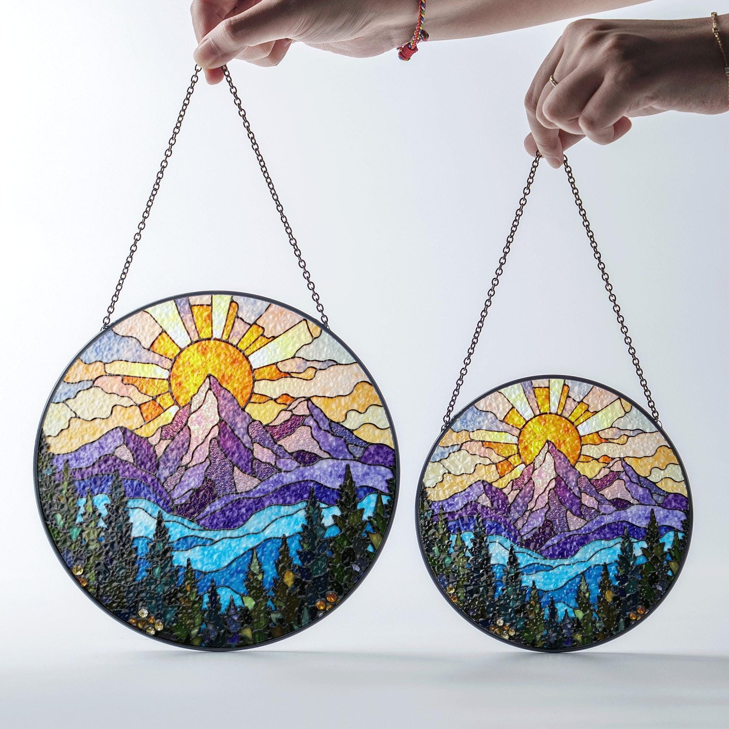 vibrant mountain sunrise suncatcher stained glass window hanging gift for nature lovers