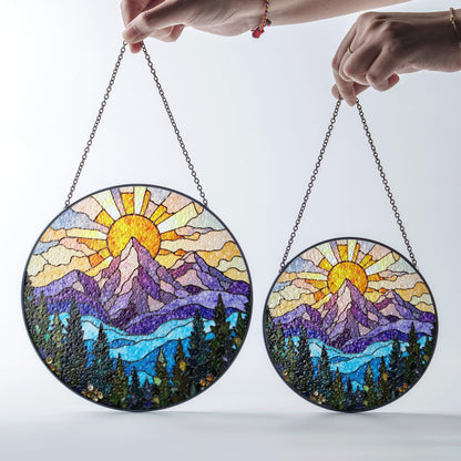 vibrant mountain sunrise suncatcher stained glass window hanging gift for nature lovers