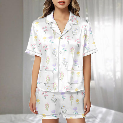 Pastel Floral Satin Pajama Short Set, Flowers Women Sleepwear, Nature Lovers Summer Nightwear, Cute Holiday Pajamas, Cute Gift For Her