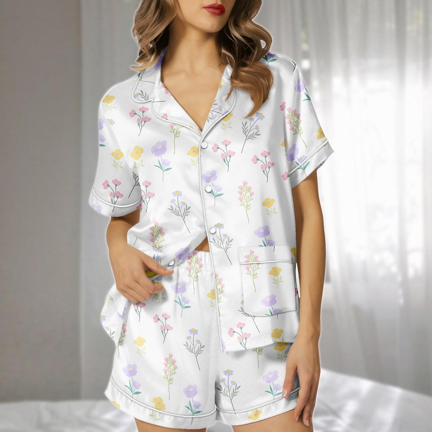 Pastel Floral Satin Pajama Short Set, Flowers Women Sleepwear, Nature Lovers Summer Nightwear, Cute Holiday Pajamas, Cute Gift For Her