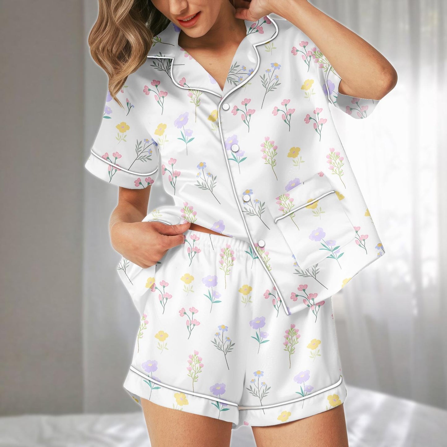 Pastel Floral Satin Pajama Short Set, Flowers Women Sleepwear, Nature Lovers Summer Nightwear, Cute Holiday Pajamas, Cute Gift For Her