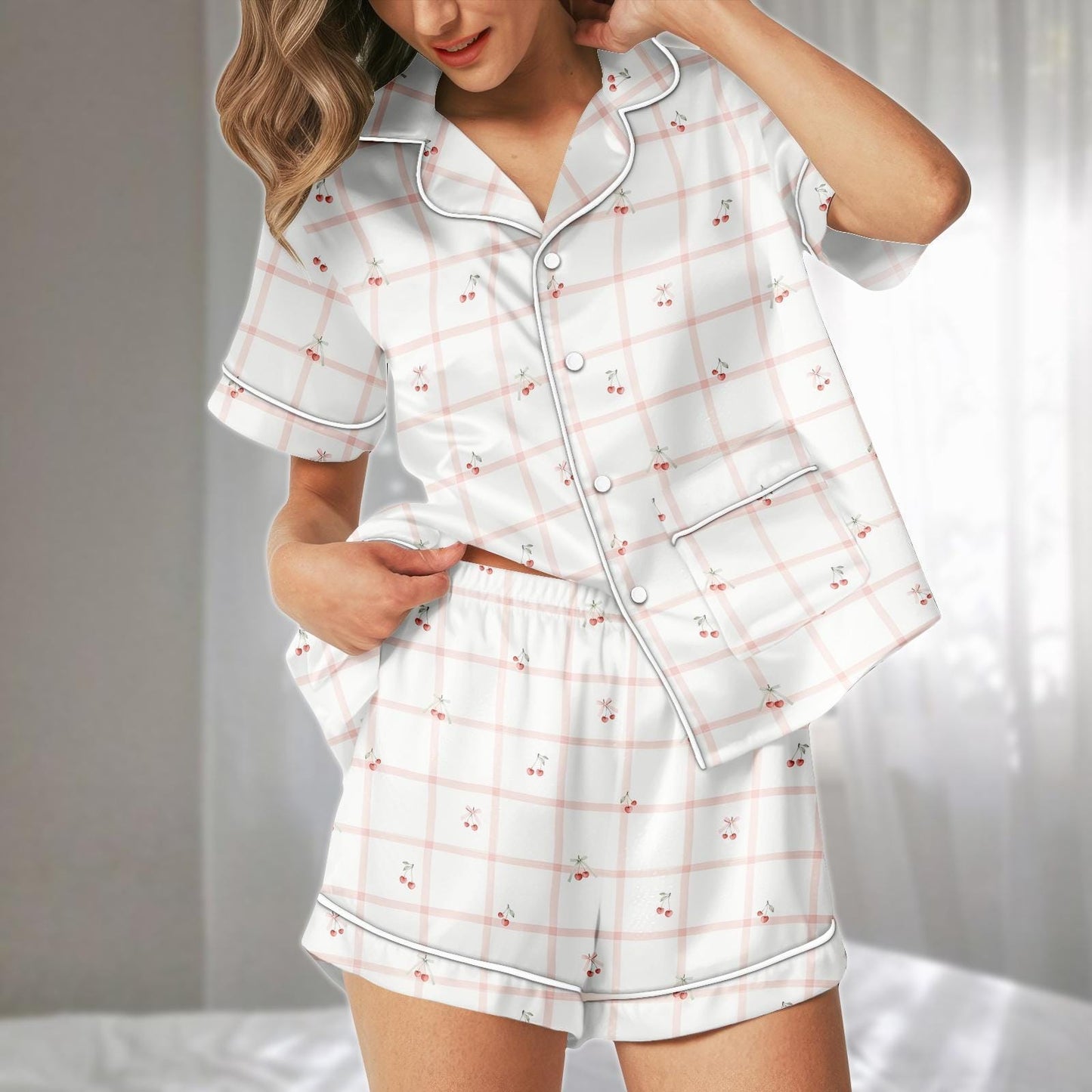Cherry Plaid Satin Pajamas Short Set, Cute Fruit Women Sleepwear, Pink Checkered Summer Nightwear, Matching Pjs, Birthday Gift For Her
