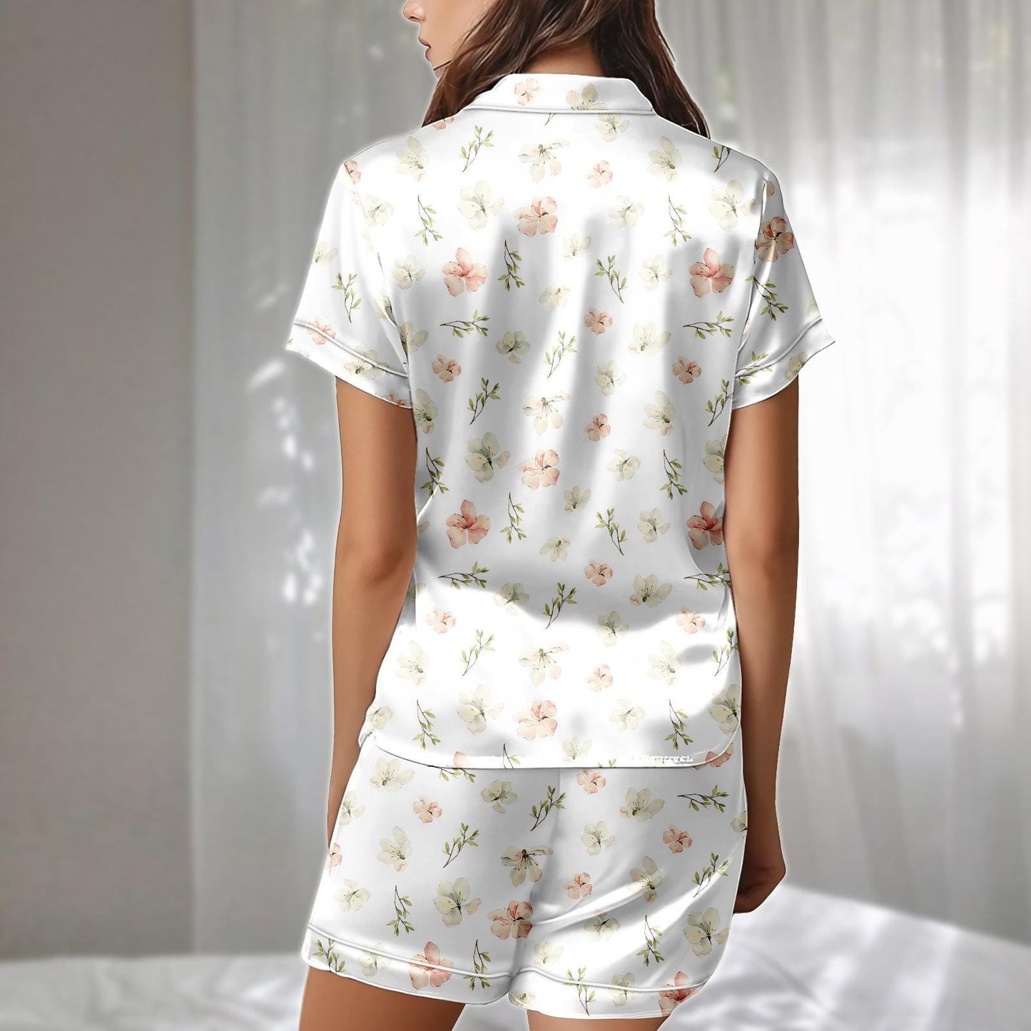 Floral Satin Pajamas Short Set, Soft Summer Sleepwear, Cute Flower Lounge, Nature Lovers Matching Pjs, Birthday Gift For Her