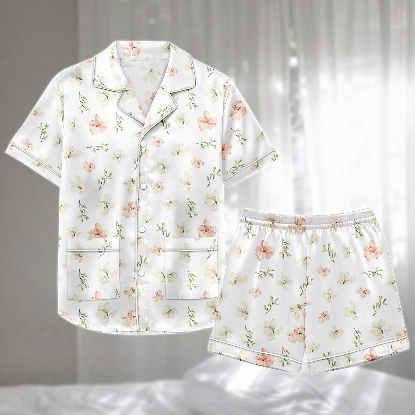 Floral Satin Pajamas Short Set, Soft Summer Sleepwear, Cute Flower Lounge, Nature Lovers Matching Pjs, Birthday Gift For Her