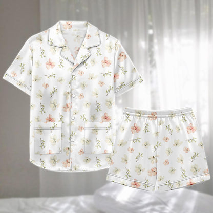 Floral Satin Pajamas Short Set, Soft Summer Sleepwear, Cute Flower Lounge, Nature Lovers Matching Pjs, Birthday Gift For Her