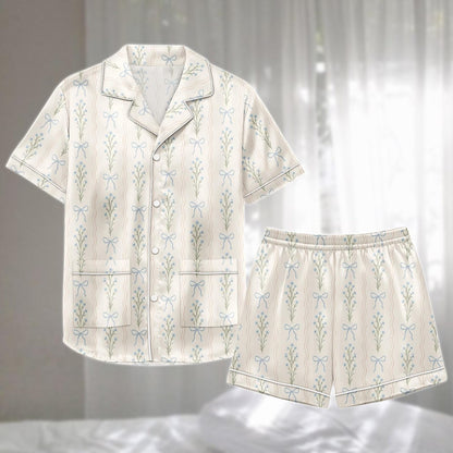Blue Bow Floral Satin Pajama Short Set, Coquette Aesthetic Sleepwear, Soft Women Nightwear, Cute Summer Matching Pj Set, Gift For Her