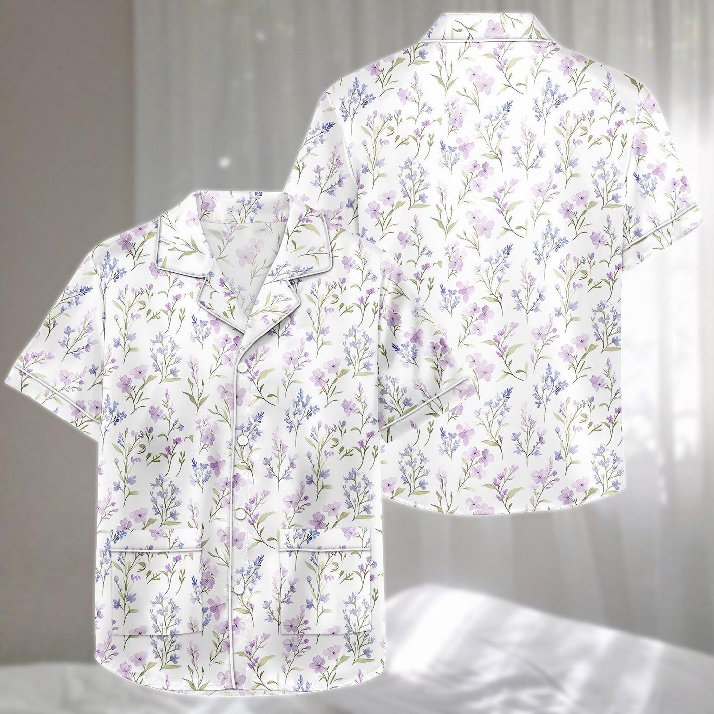 Lavender Floral Satin Pajama Short Set, Soft Purple Botanical Sleepwear, Summer Button Nightwear, Cute Holiday Pajamas, Gift For Her