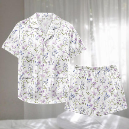 Lavender Floral Satin Pajama Short Set, Soft Purple Botanical Sleepwear, Summer Button Nightwear, Cute Holiday Pajamas, Gift For Her