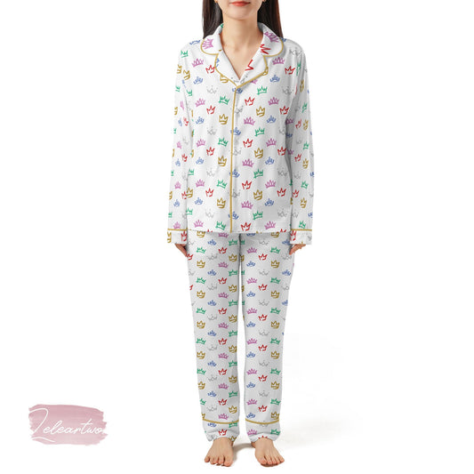 Six The Musical Broadway Set | Silky Satin Crown Print Pajama Set for Women | Queendom Sleepwear |  Theater Gift for Her