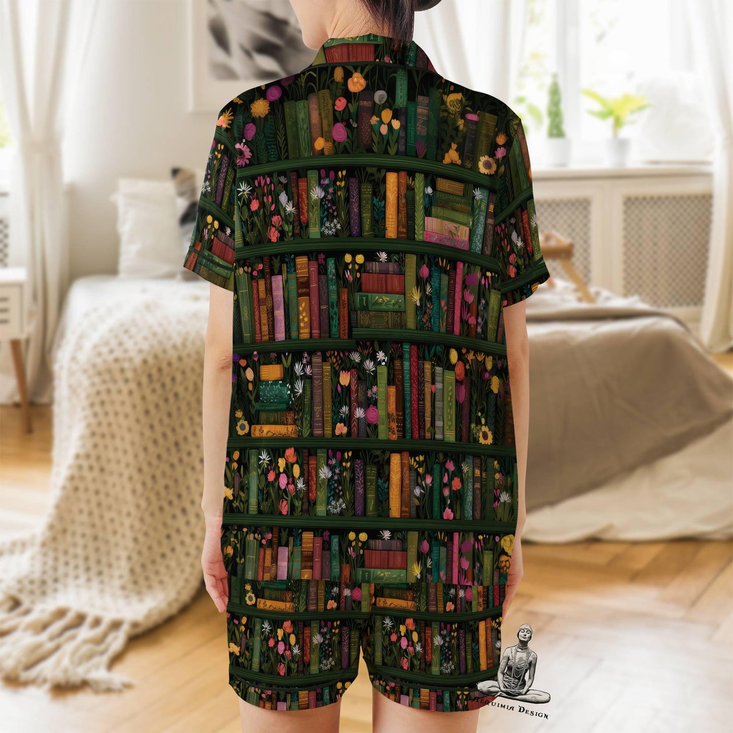 Book Short Sleeves Pajama Set, Book Lover Woman's Satin Pajama Reader Gift Pajamas Short Sleeve Shorts