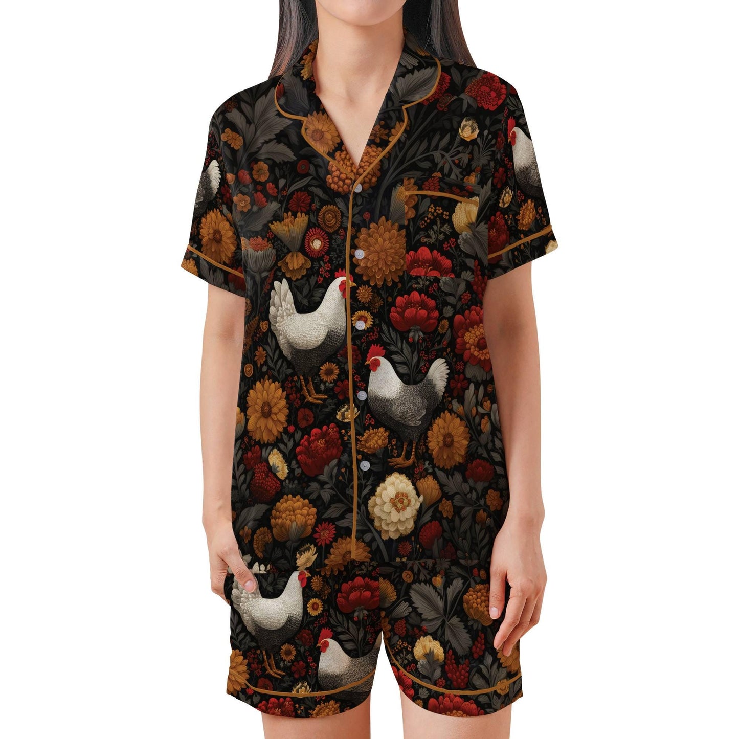 Chicken Short Sleeves Pajama Set, Farm Animal Lover Woman's Satin Pajama Reader Gift Pajamas Short Sleeve Shorts