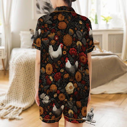Chicken Short Sleeves Pajama Set, Farm Animal Lover Woman's Satin Pajama Reader Gift Pajamas Short Sleeve Shorts