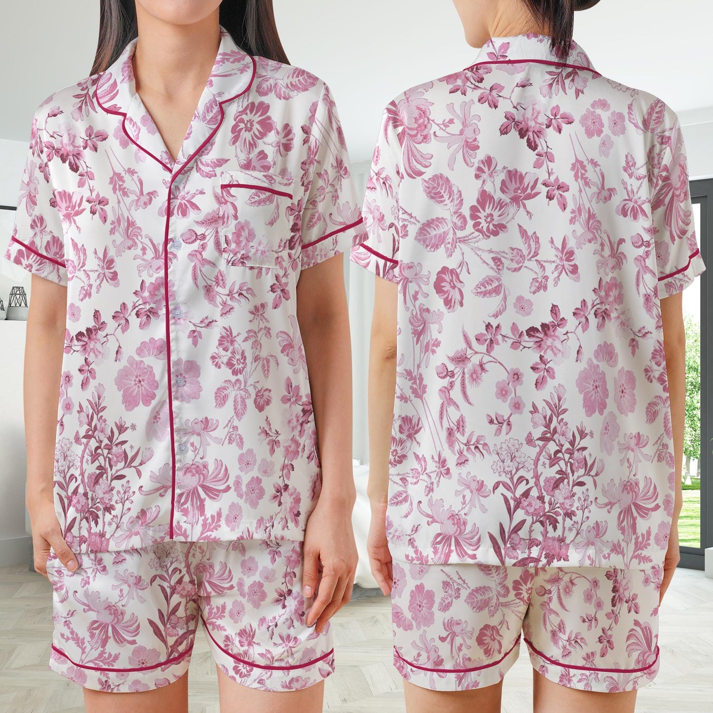 Blue Chinoiserie Floral Pajamas Set, Cute Pajama Sleepwear Short Long Sleeve Pajama Set, Flower Home Wear, Toile de Jouy Girl Sleepwear Set