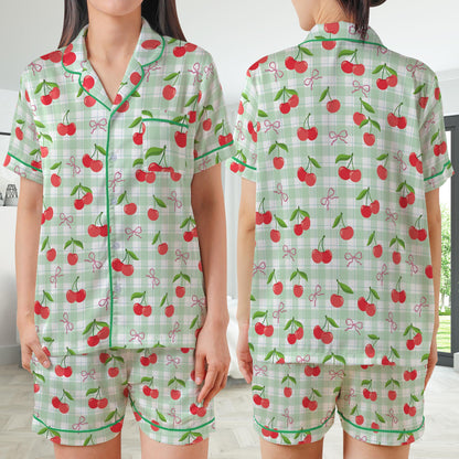 Coquette Cherry Pajamas Set, Cute Pajama Sleepwear Short Long Sleeve Pajama Set, Retro Checkered Home Wear, Girl Sleepwear Set
