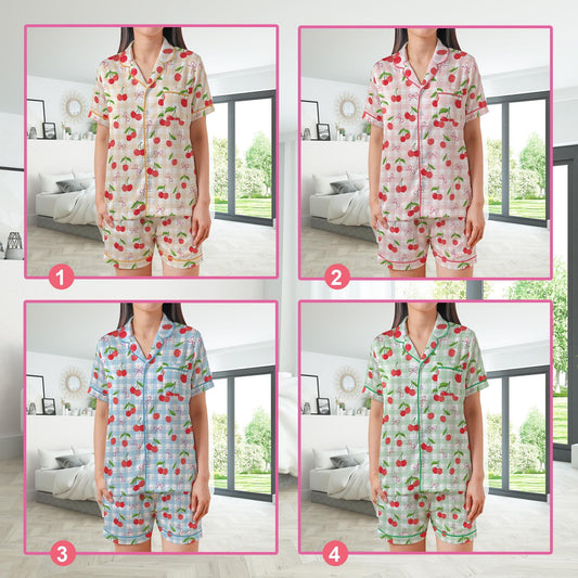 Coquette Cherry Pajamas Set, Cute Pajama Sleepwear Short Long Sleeve Pajama Set, Retro Checkered Home Wear, Girl Sleepwear Set
