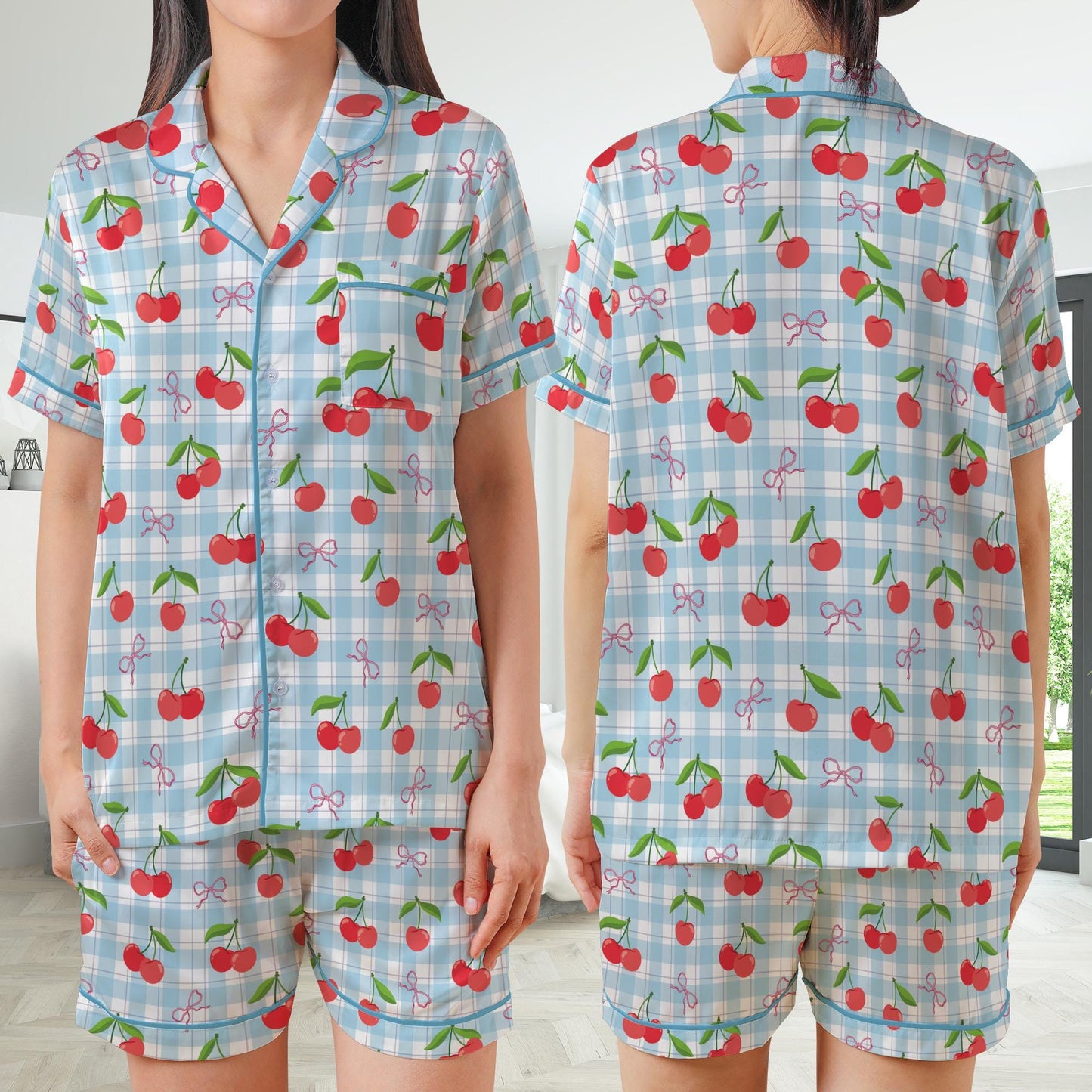 Coquette Cherry Pajamas Set, Cute Pajama Sleepwear Short Long Sleeve Pajama Set, Retro Checkered Home Wear, Girl Sleepwear Set