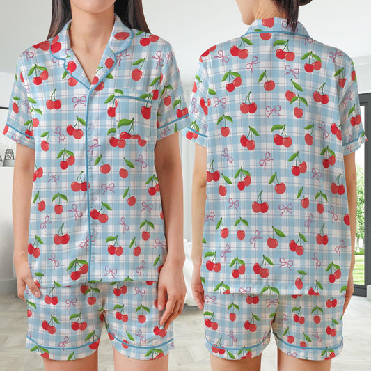 Coquette Cherry Pajamas Set, Cute Pajama Sleepwear Short Long Sleeve Pajama Set, Retro Checkered Home Wear, Girl Sleepwear Set
