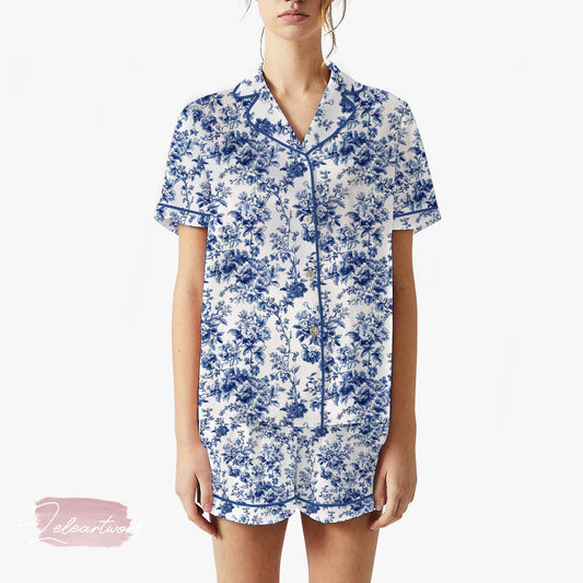 Flower Blue Toile Pajama Set – Vintage Floral Short Sleeve Button Up Sleepwear, Soft Summer Loungewear Gift for Her