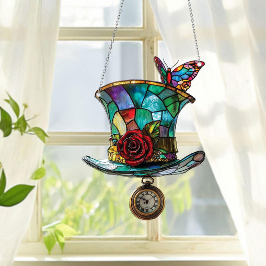 Mad Hatter Acrylic Window Hanging, Wonderland Hat Window Hanging, Whimsical Fantasy Decor Gift for Storybook Fans, Storybook Gifts