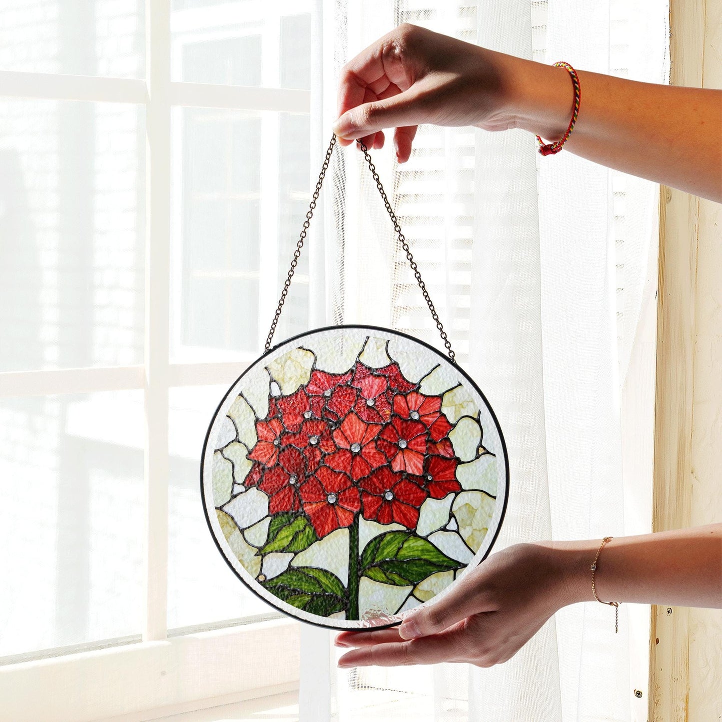 Red Hydrangea Flower Stained Glass Round Suncatcher for Garden Gift