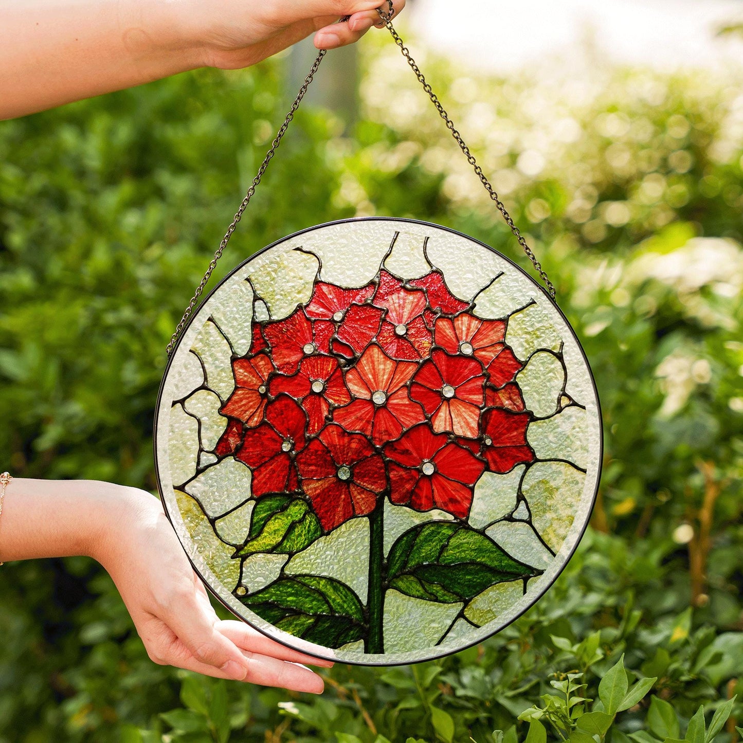 Red Hydrangea Flower Stained Glass Round Suncatcher for Garden Gift