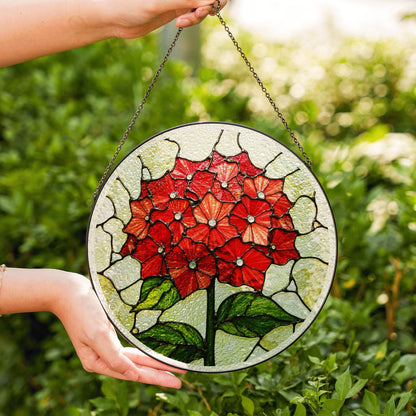 Red Hydrangea Flower Stained Glass Round Suncatcher for Garden Gift
