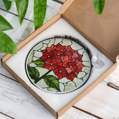 Red Hydrangea Flower Stained Glass Round Suncatcher for Garden Gift