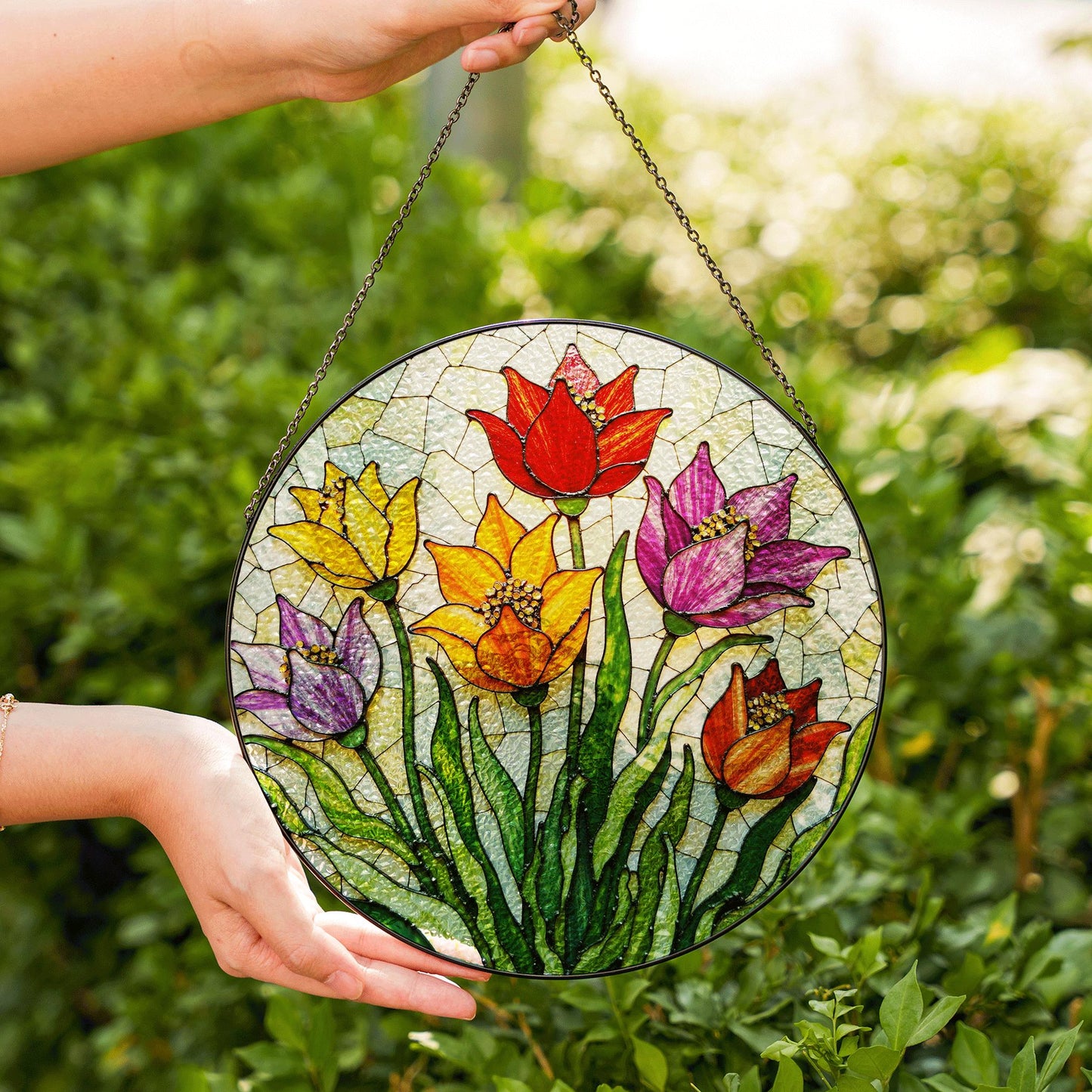 Colorful Tulip Garden Glass Suncatcher Round Floral Window Hanging Gift for Mom or Nature Lover