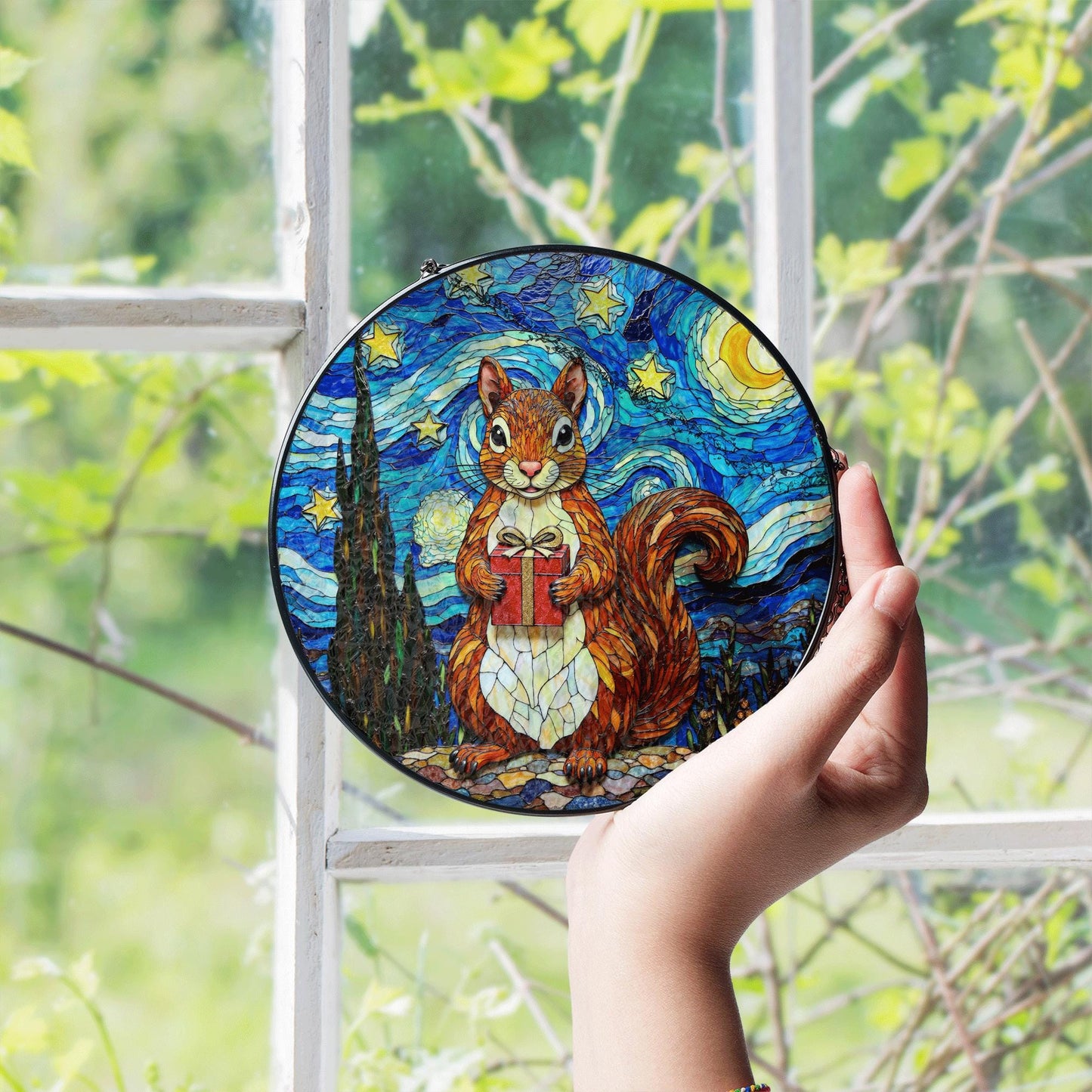 cute squirrel with gift night sky suncatcher stained glass animal decor gift for daughter
