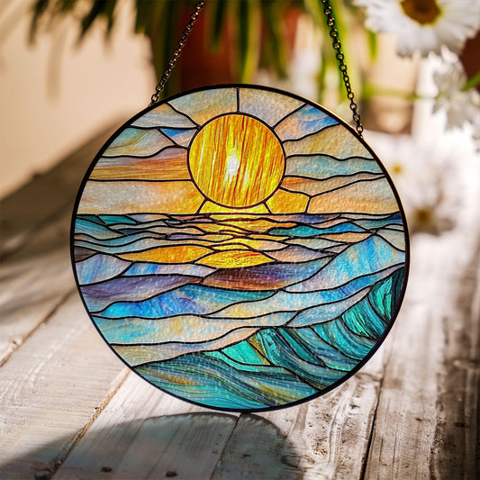 Round Stained Glass Suncatcher – Ocean Sunset with Glowing Sun, Waves in Blue, Aqua & Gold Tones – Coastal Window Hanging Art