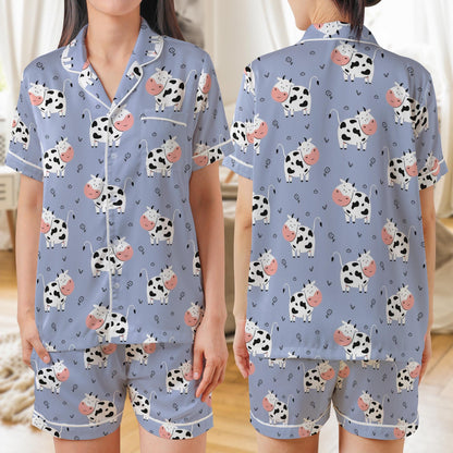 Cute Cow Print AOP Satin Short-Sleeve Pajamas Set, Kawaii Farm Animal Sleepwear for Women, Soft Cow Lover Loungewear Gift