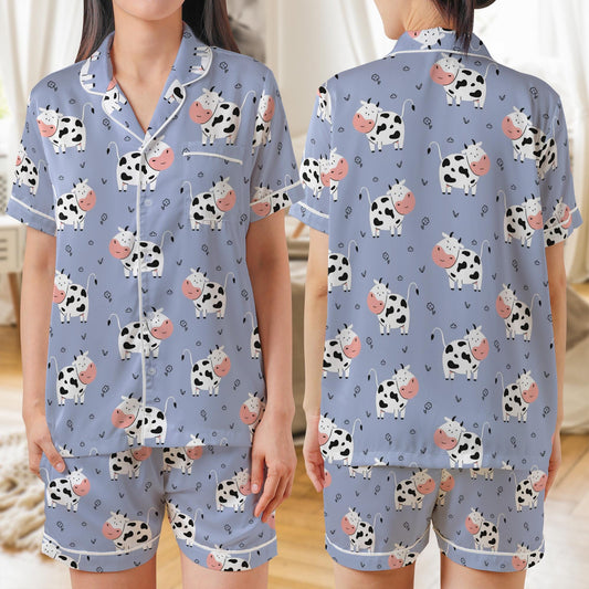 Cute Cow Print AOP Satin Short-Sleeve Pajamas Set, Kawaii Farm Animal Sleepwear for Women, Soft Cow Lover Loungewear Gift