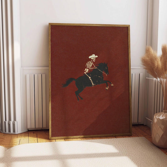 Skeleton Cowboy Illustration Bucking Bronco Print Gothic Wall Decor Horse Poster Quirky Art Western Poster Retro Rodeo Art Cowgirl Wall Art