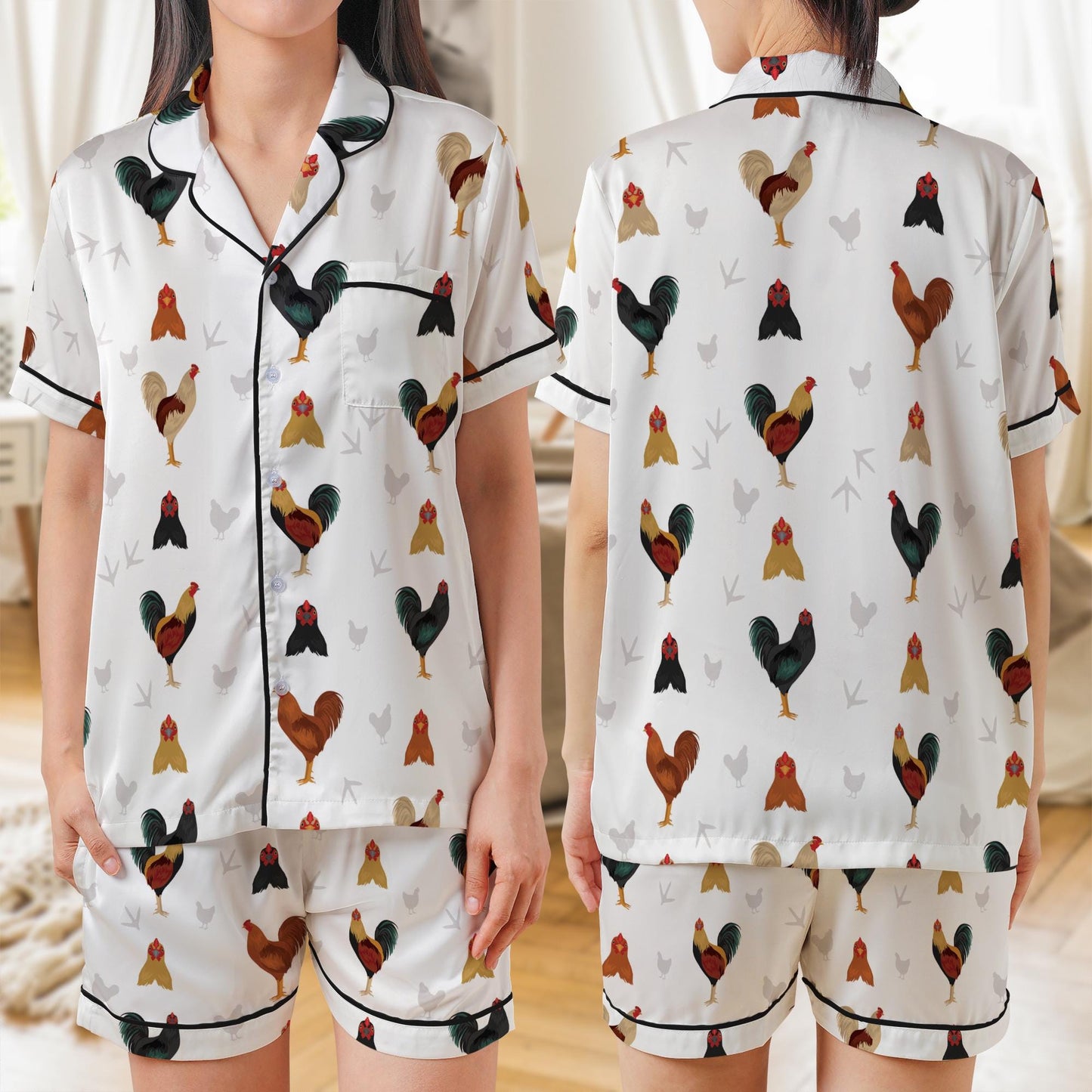 American Game Chicken Breeds AOP Satin Short-Sleeve Pajamas Set, Farm Animal Sleepwear for Women, Cute Rooster Print Loungewear Gift
