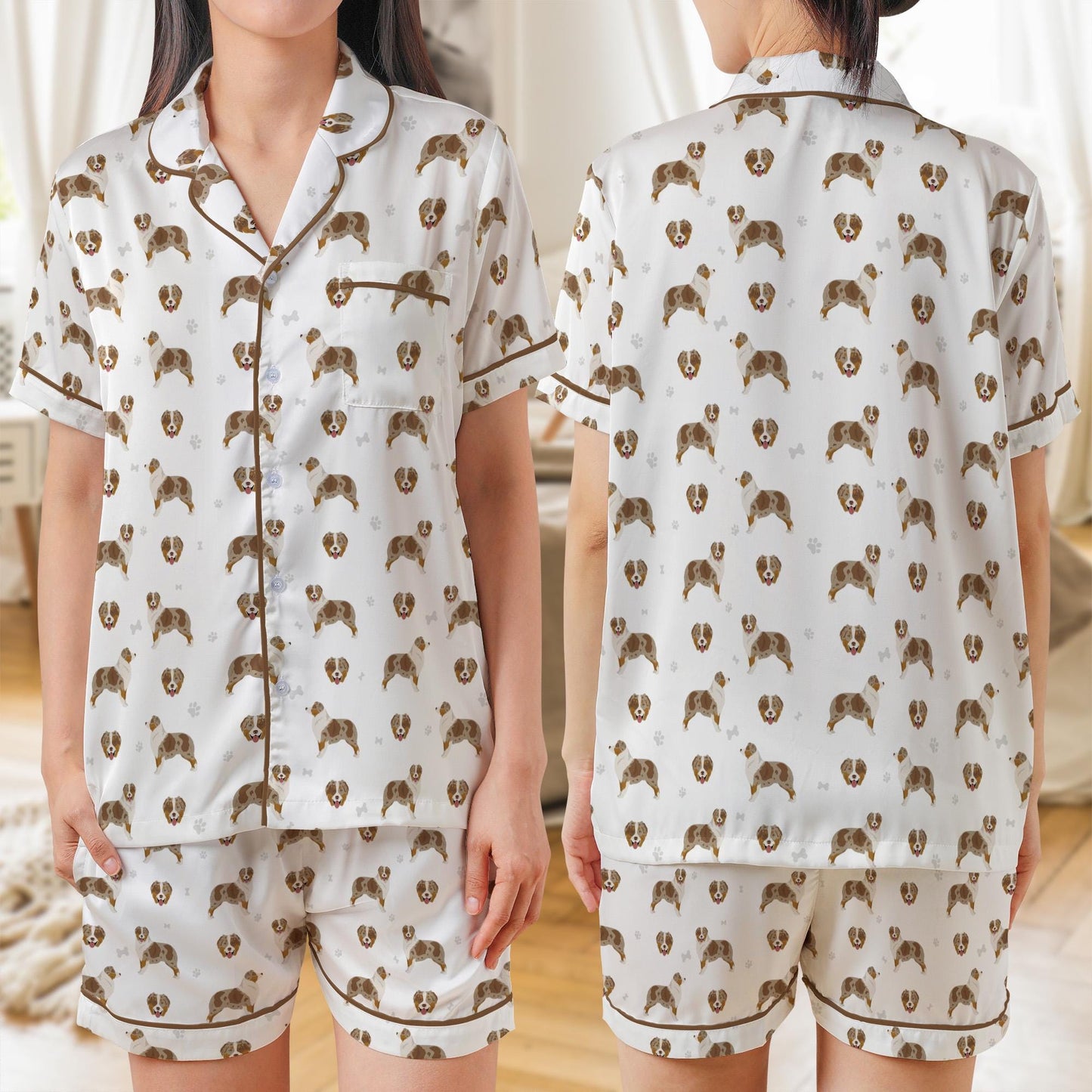 Australian Shepherd Dogs AOP Satin Short-Sleeve Pajamas Set, Cute Aussie Dog Print Sleepwear for Women, Pet Lover Loungewear Gift