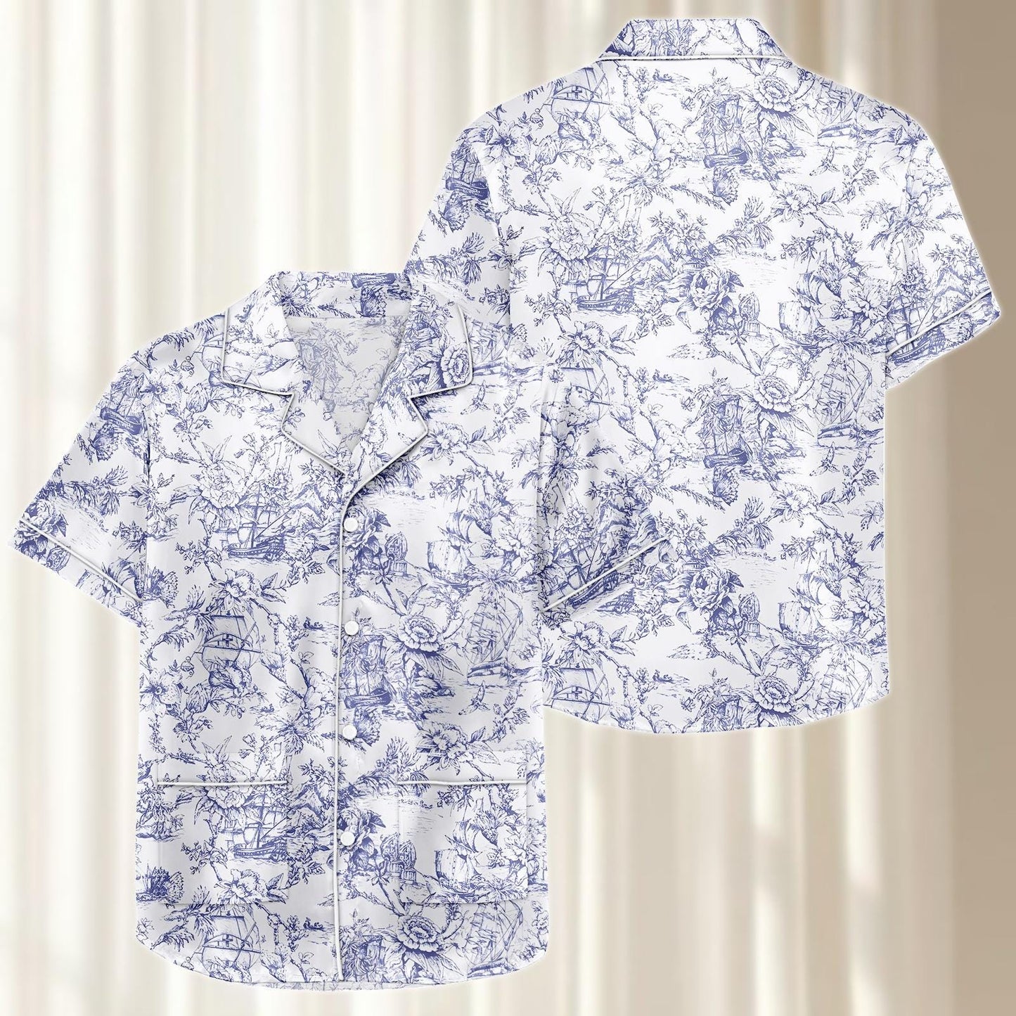 Toile De Jouy Satin Pajamas Short Set, Vintage Botanical Silk Sleepwear, Retro Summer Pjs, Elegant Matching Pajamas, Gift For Her